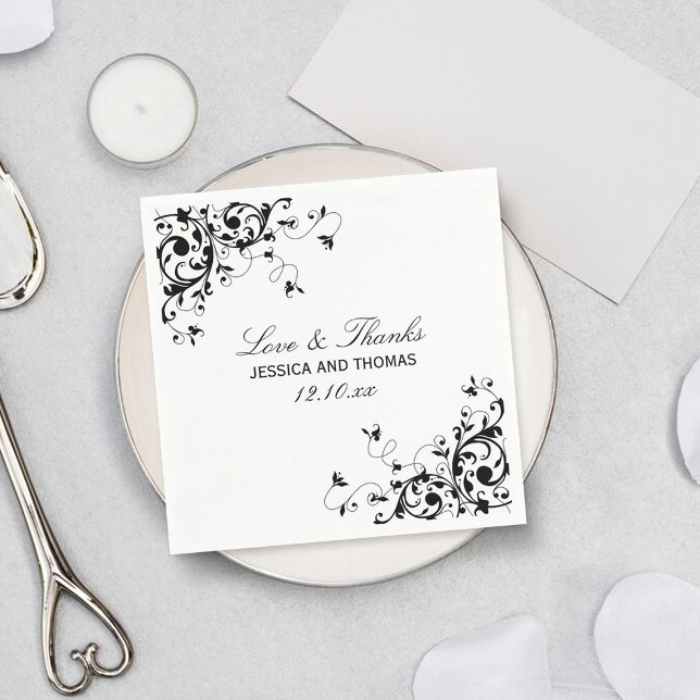 Elegant Swirls Black & White Wedding Napkins (Creator Uploaded)