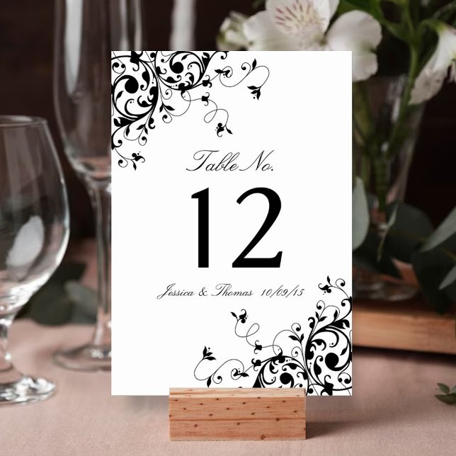 Elegant Swirls Black & White Wedding Table Number (Creator Uploaded)