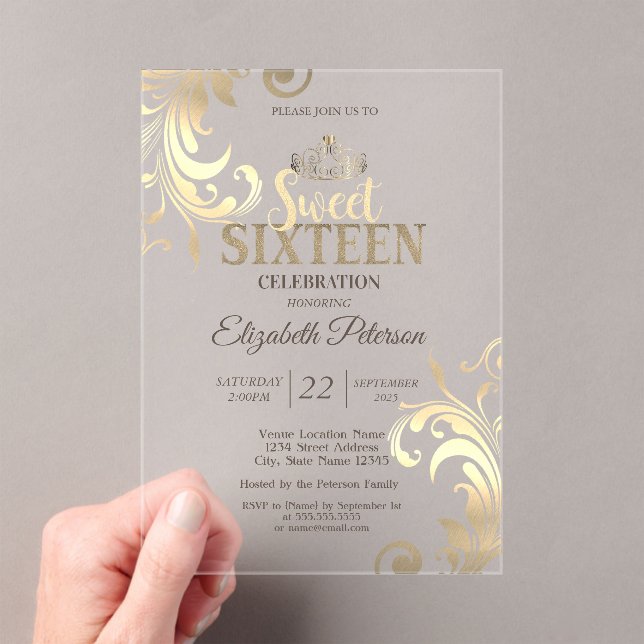 Elegant Swirls Gold Tiara Sweet 16 Party Acrylic Invitations (Insitu (Handheld))