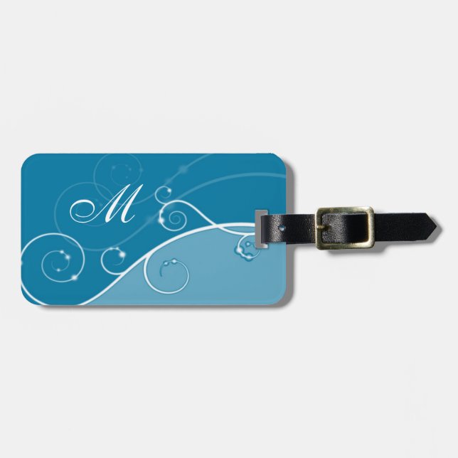 Elegant Swirls Monogrammed Blue Luggage Tag (Front Horizontal)