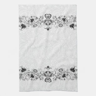 Elegant Swirls Vintage Lace On White Damasks Tea Towel