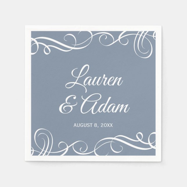 Elegant Swirls Wedding Napkins (Dusty Blue) (Front)