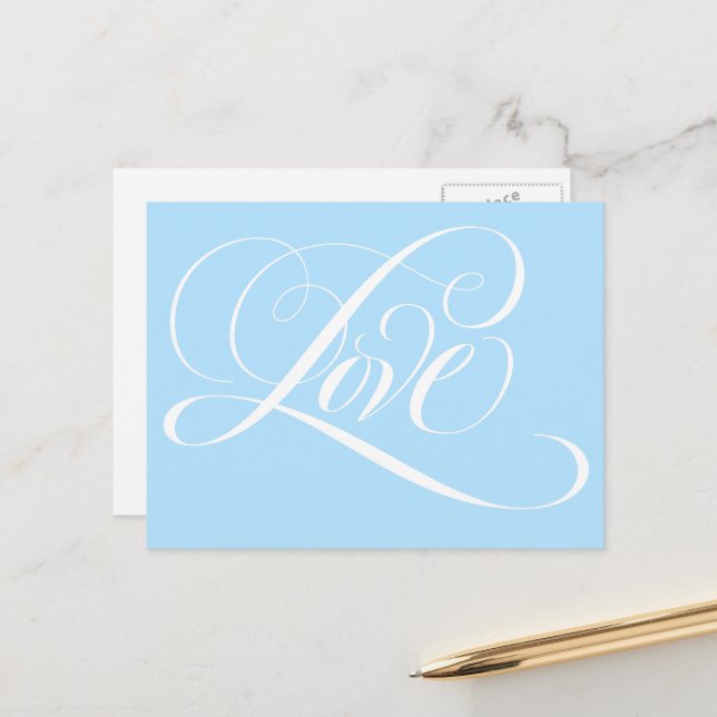 Elegant Swirly Calligraphy LOVE Wedding Blue Postcard (Front/Back In Situ)