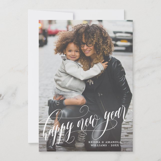 Elegant Swirly Happy New Year Photo Holiday Card (Front)