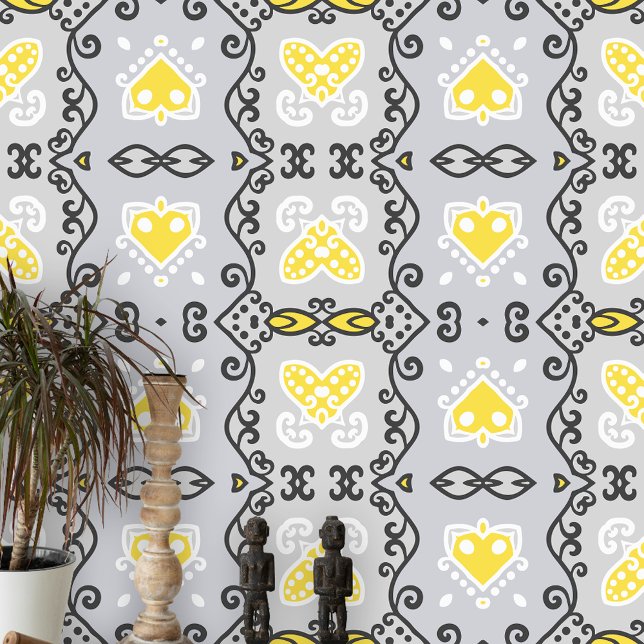 Elegant Symmetrical Yellow Grey Black Ornaments Wallpaper (Creator Uploaded)