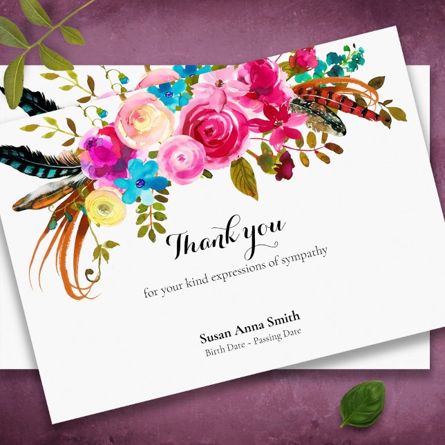 Elegant Sympathy Floral Funeral Thank You Card (Feather and florals bereavement memorial sympathy funeral thank you card)
