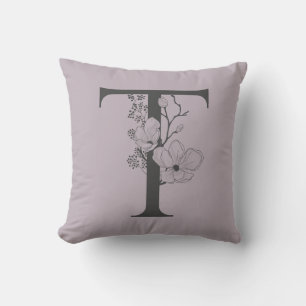 Elegant T Boho Floral Monogram Initial Lilac Grey Cushion