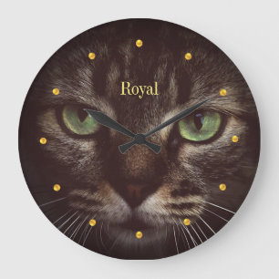 Elegant tabby cat and golden dots large clock