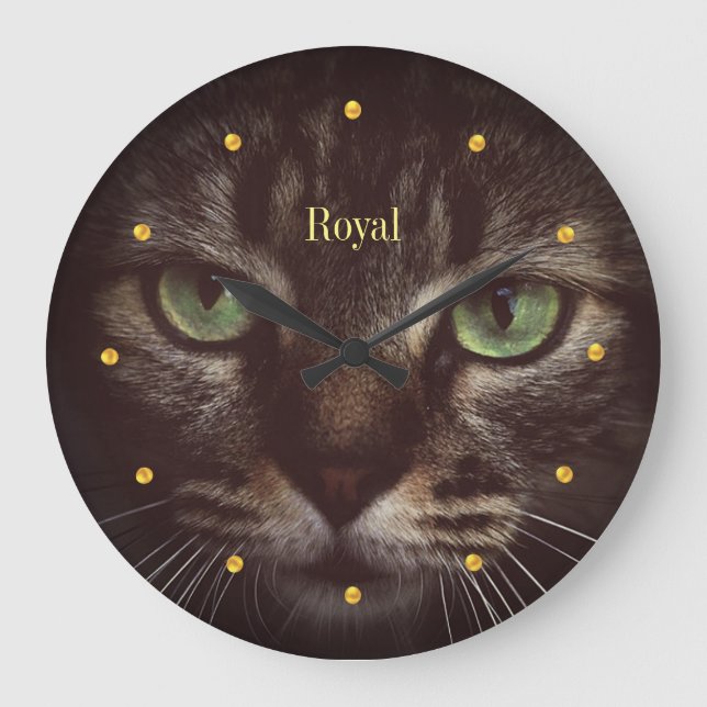 Elegant tabby cat and golden dots large clock (Front)