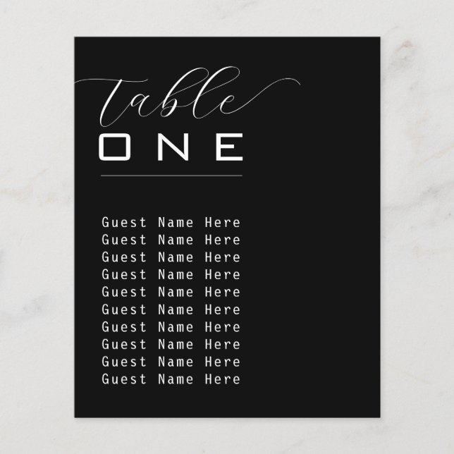 Elegant Table Number Names Black White Minimalist (Front)
