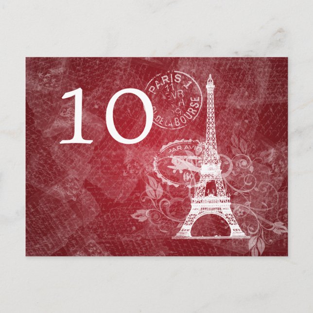 Elegant Table Number Romantic Paris Red Postcard (Front)