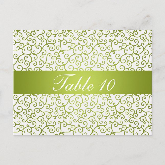 Elegant Table Number Swirls Pattern Lime Green Postcard (Front)
