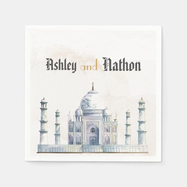 Elegant Taj Mahal Typology Watercolor Wedding Napkin (Front)