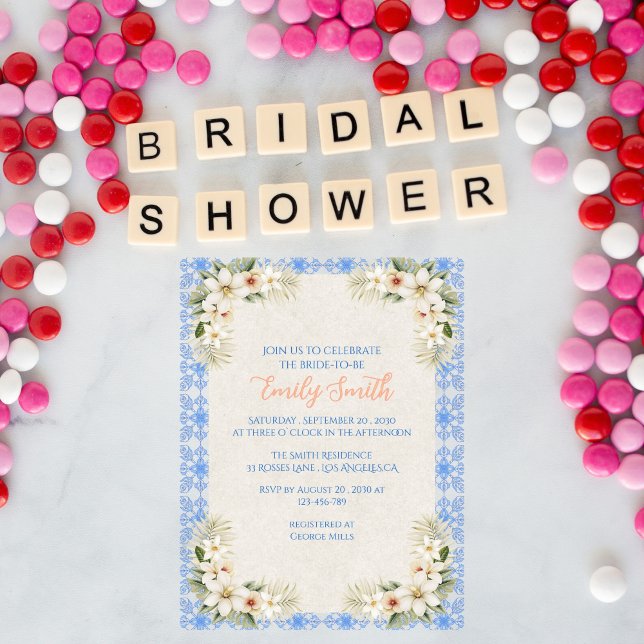 Elegant Talavera Blue Floral Bridal Shower Invitation (Creator Uploaded)