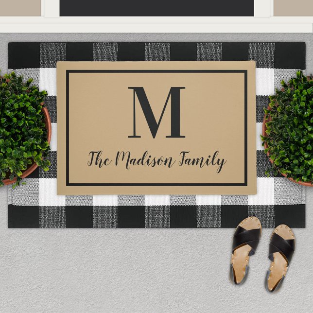 Elegant Tan Black Monogram Family Name Doormat (Creator Uploaded)