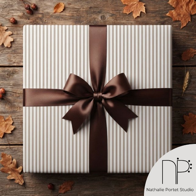 Elegant Tan Brown and White Thin Striped Wrapping Paper (Light brown and white pinstripe wrapping paper for chic Fall celebration.)