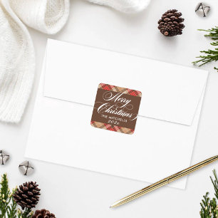 Elegant Tan Brown Tartan Plaid Merry Christmas Square Sticker