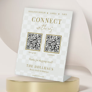 Elegant Tan Checkered Gold Connect With Us QR Code Pedestal Sign