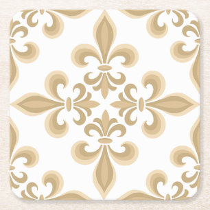 Elegant Tan Damask Square Paper Coaster