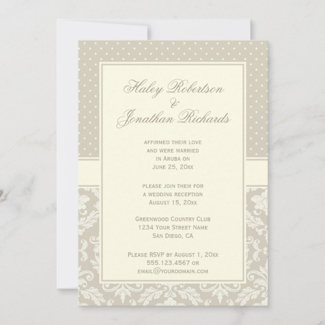 Elegant Tan Ivory Damask Polka Dots Reception Only Invitation (Front)