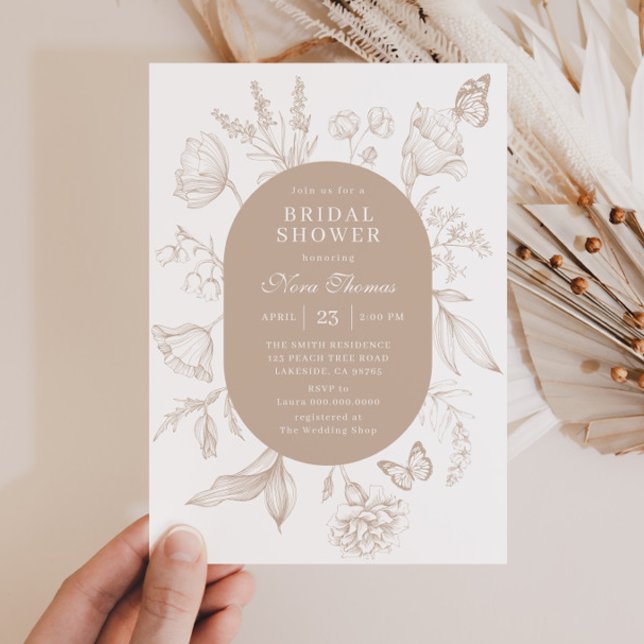 Elegant Tan Line Art Floral Bridal Shower Invitation (Creator Uploaded)