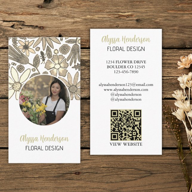 Elegant Tan & White Floral Photo QR Code Logo Business Card (Creator Uploaded)