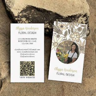 Elegant Tan & White Floral Photo QR Code Logo Business Card