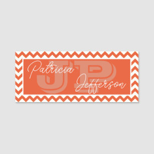 Elegant Tangelo Orange Chevron: Modern Monogrammed Name Tag