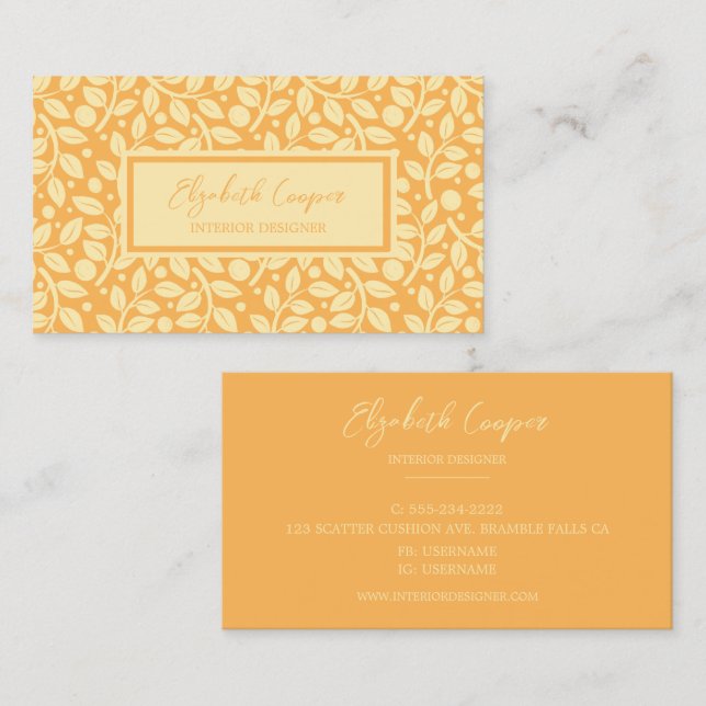 Elegant Tangerine & Cream Leaf Pattern Business Card (Front/Back)