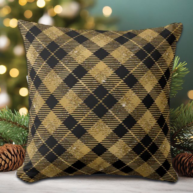 Elegant Tartan Black Gold Glitter Cushion (Creator Uploaded)
