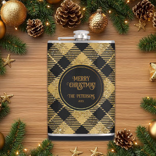 Elegant Tartan Black Gold Glitter  Hip Flask