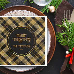 Elegant Tartan Black Gold Glitter Napkin
