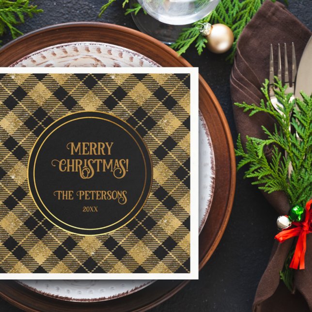 Elegant Tartan Black Gold Glitter Napkin (Creator Uploaded)