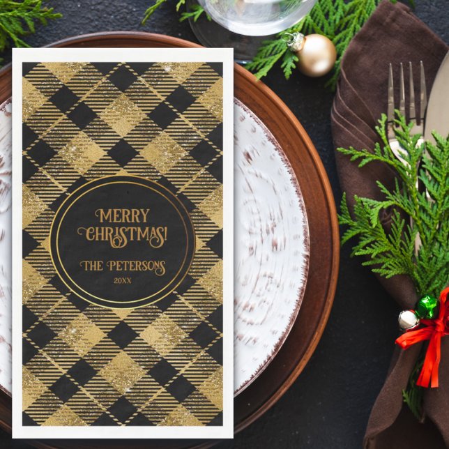 Elegant Tartan Black Gold Glitter Napkin (Creator Uploaded)