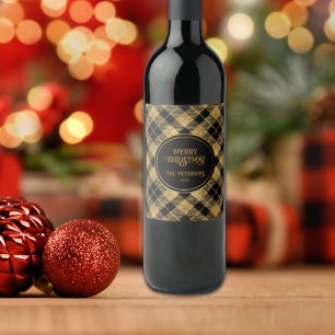 Elegant Tartan Black Gold Glitter Wine Label