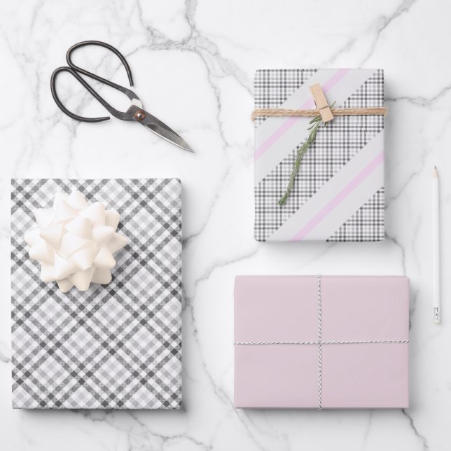 Elegant Tartan Grey White Blush Pattern  Wrapping Paper Sheet (Front)