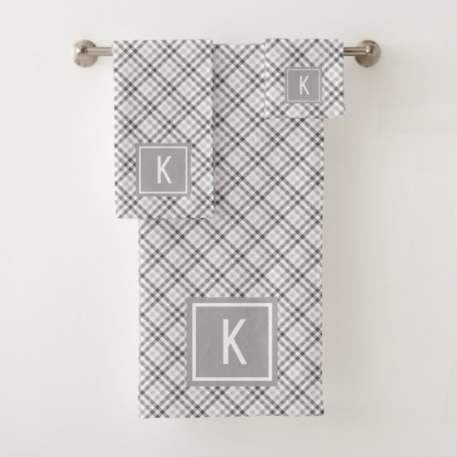 Elegant Tartan Grey White Monogrammed Bath Towel Set (Insitu)