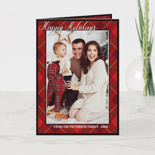 Elegant Tartan Modern Happy Holidays Family Photo Card (Front)
