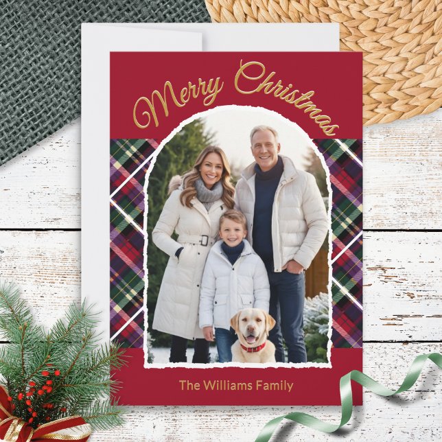 Elegant Tartan Plaid Arch Photo Merry Christmas Holiday Card (An elegant Christmas card with custom arch-framed photo, with burgundy and tartan backdrop)
