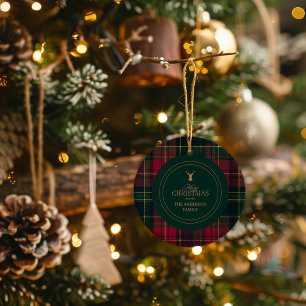 Elegant Tartan Plaid Merry Christmas Family Name Ceramic Tree Decoration
