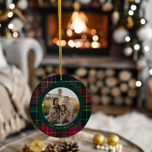 Elegant Tartan Plaid Merry Christmas Family Name Ceramic Tree Decoration
