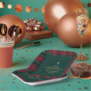 Elegant Tartan Plaid Merry Christmas Family Name Paper Plate