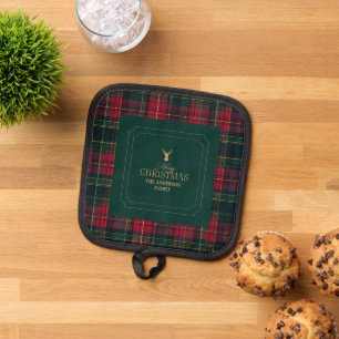 Elegant Tartan Plaid Merry Christmas Family Name Pot Holder