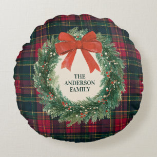 Elegant Tartan Plaid Merry Christmas Family Name Round Cushion