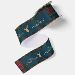 Elegant Tartan Plaid Merry Christmas Family Name Satin Ribbon