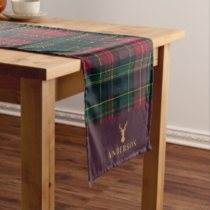 Elegant Tartan Plaid Merry Christmas Family Name Short Table Runner