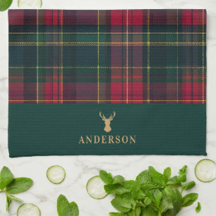 Elegant Tartan Plaid Merry Christmas Family Name Tea Towel