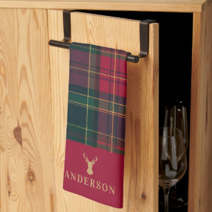 Elegant Tartan Plaid Merry Christmas Family Name Tea Towel