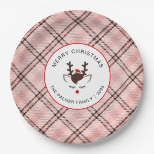 Elegant Tartan Plaid & Reindeer Christmas Family Paper Plate