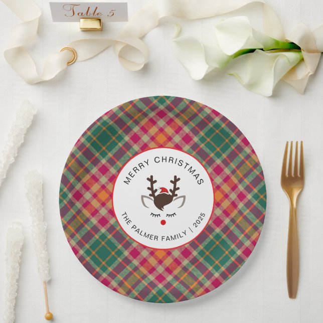 Elegant Tartan Plaid & Reindeer Christmas Family Paper Plate (Wedding)